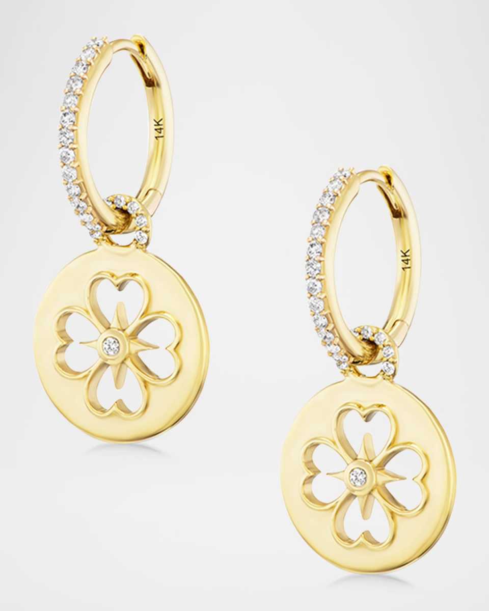14K Yellow Gold Clover Charm Diamond Huggie Hoop Earrings